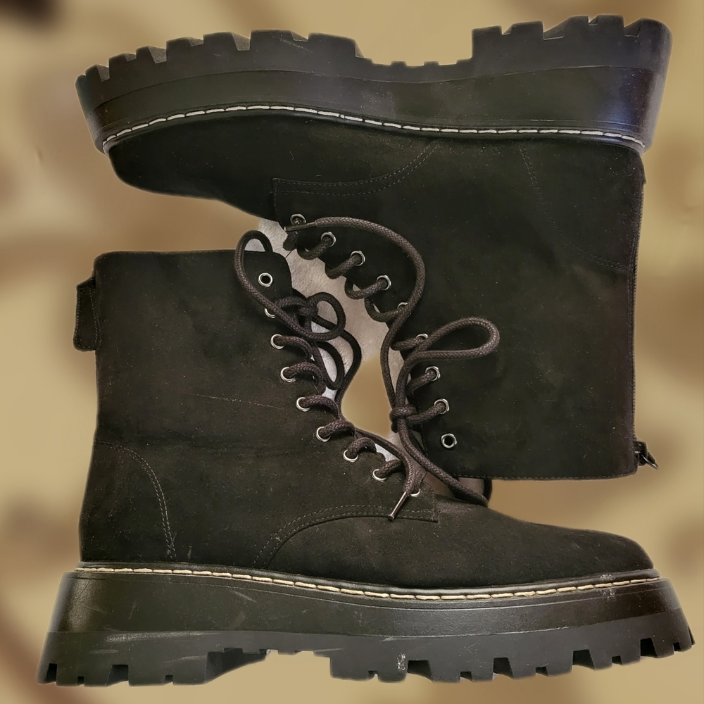 H&M Black Faux Suede Combat & Moto Boots W11 M9